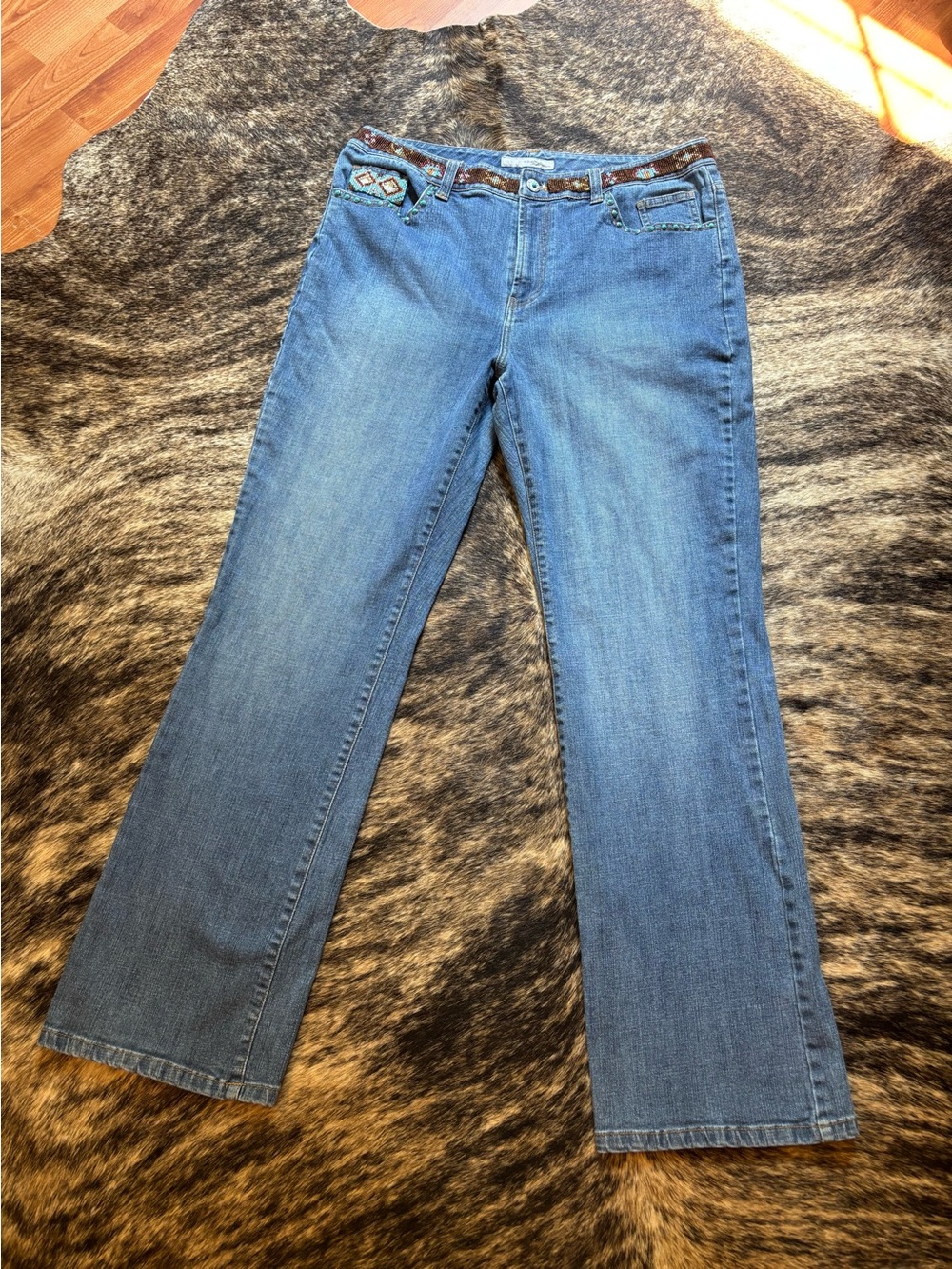 Chicos Platinum Denim Jeans w/ Beaded Turquoise Details, Size 2